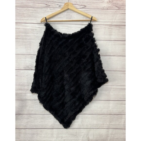 Y2K Wilsons Leather Maxima Black Rabbit Fur Wool Shawl Poncho Genuine One Size - Picture 1 of 8